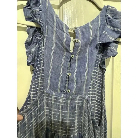 Free People Blue Striped Smocked Chambray Butterfly Maxi Dress XS - Picture 7 of 8